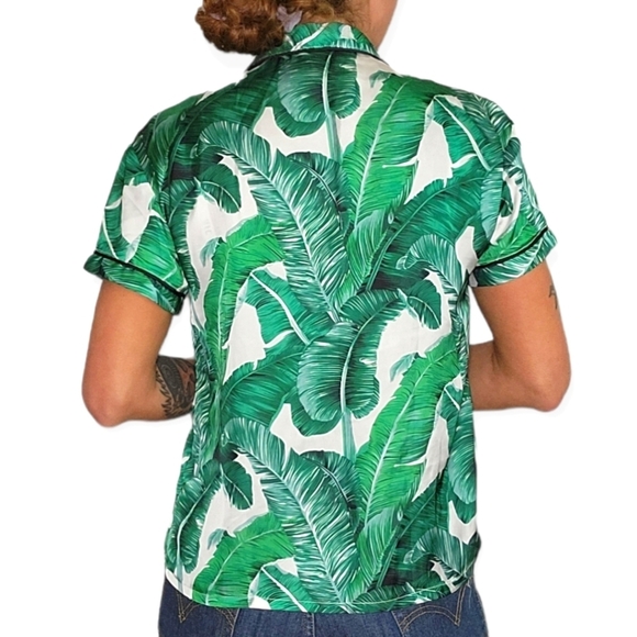 Shein Button Down Satin Blouse Small Green Palm Leaf - Picture 4 of 5